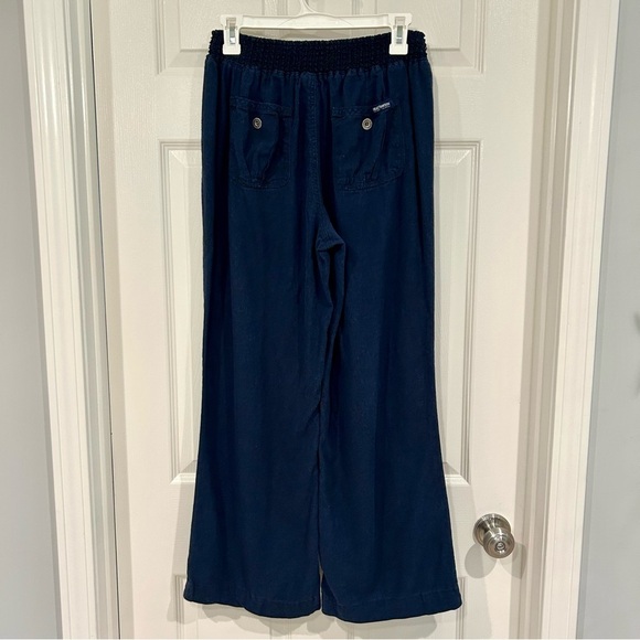 Beau Dawson Women Wide Leg Linen Blend Pants Size L Navy Pockets Elastic Waist - Picture 7 of 17